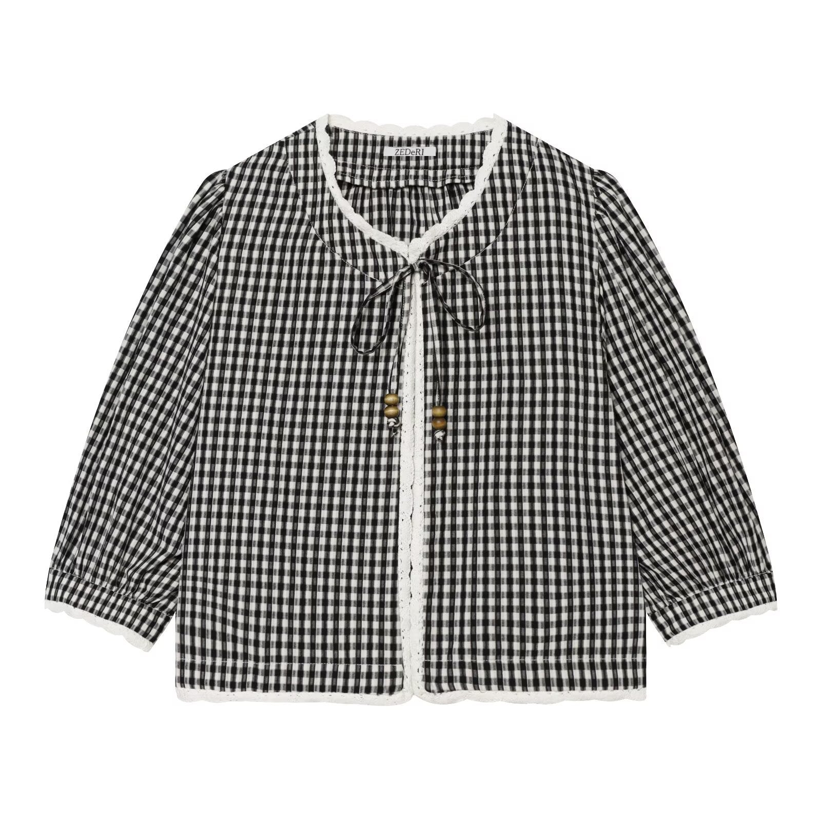 Women Checked Blouse Jacket with Crochet Edge, Tie Band and Three-Quarter Sleeves Chichicherry