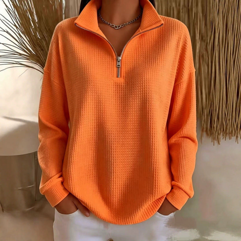 Women's Waffle Knit Sweatshirt with Half Zip and Stand Collar Chichicherry