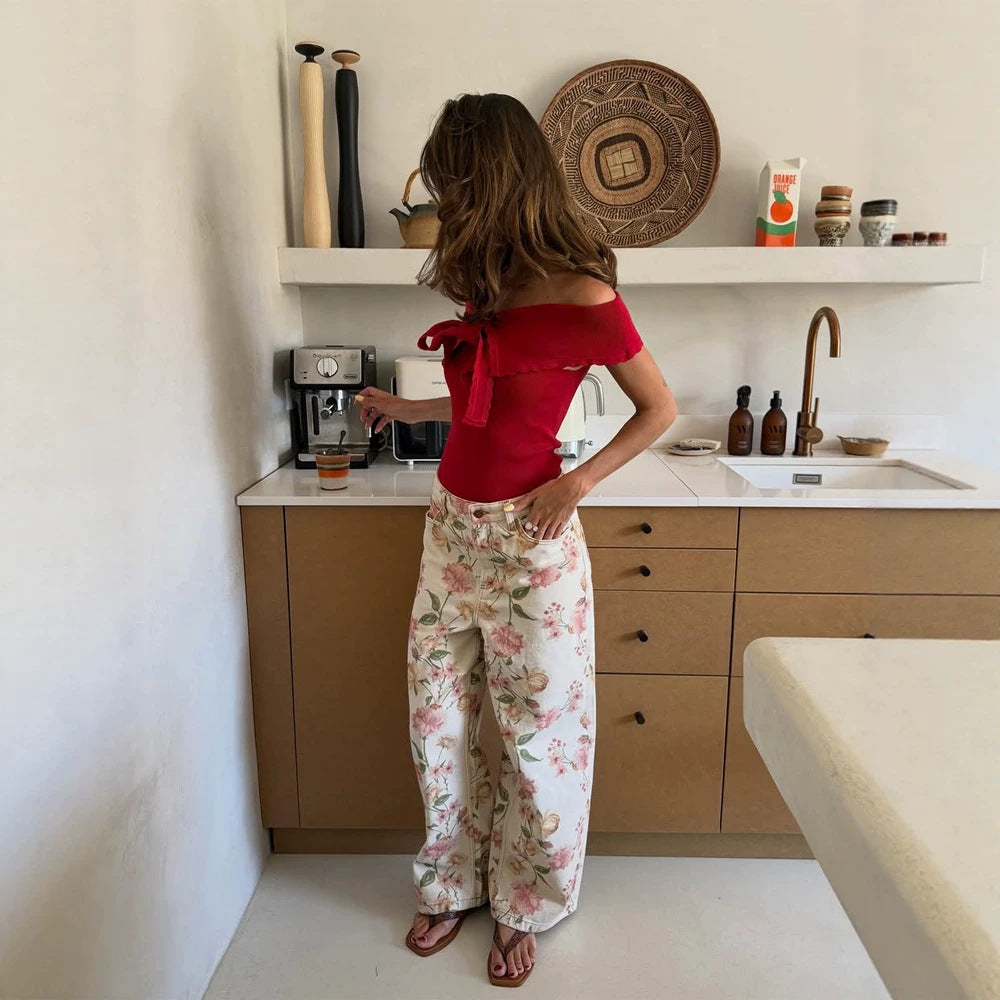 Women's Two-Piece Floral Print Co-Ord Set with Oversized Blouson and High-Waist Pants Chichicherry