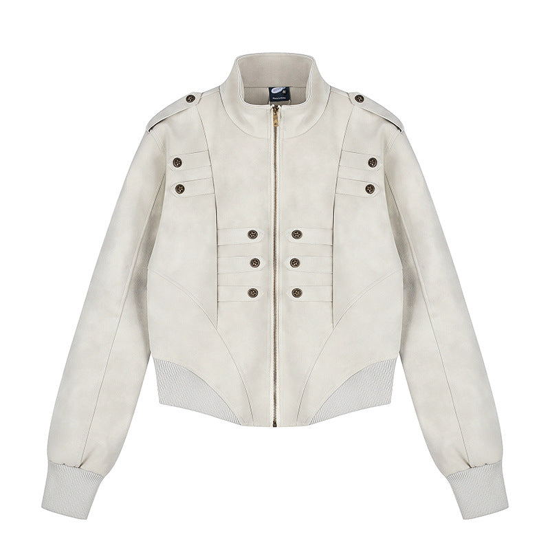 Women's Cropped Bomber Jacket with Stand-Up Collar, Shoulder Patches and Decorative Button Placket Chichicherry