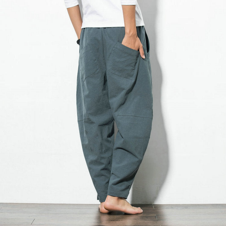 Men's loosely cut linen-cotton harem pants with drawstring and side pockets Chichicherry