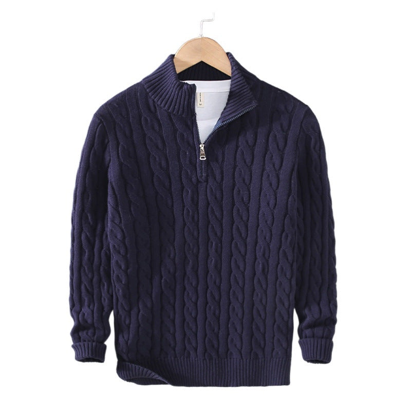 Herren Zopfmuster-Halbzip-Pullover aus weicher Baumwollmischung mit Stehkragen Chichicherry