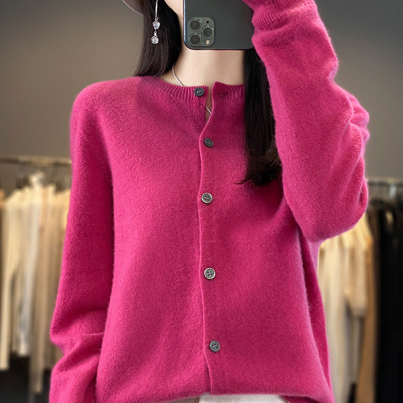 Women's Lightweight Fine Knit Cardigan with Cashmere Look, Round Neckline and Concealed Button Placket Chichicherry