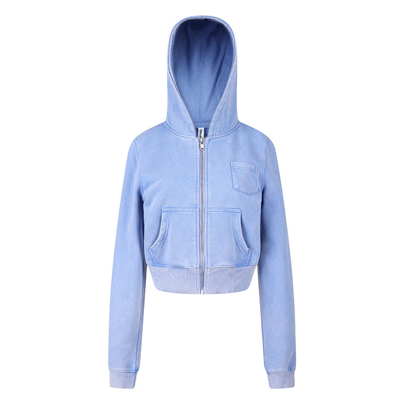 Women's cropped hooded sweatshirt jacket with full zipper in boxy cut and chest pocket Chichicherry