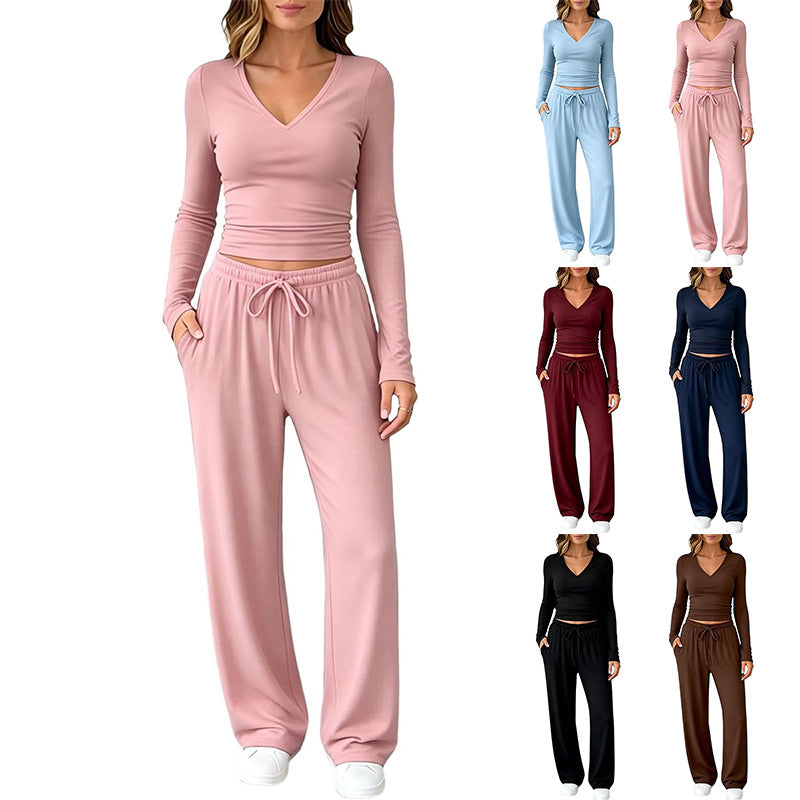 Women's Two-Piece Lounge Set with Fitted V-Neck Cropped Top and Loose Drawstring Pants Chichicherry
