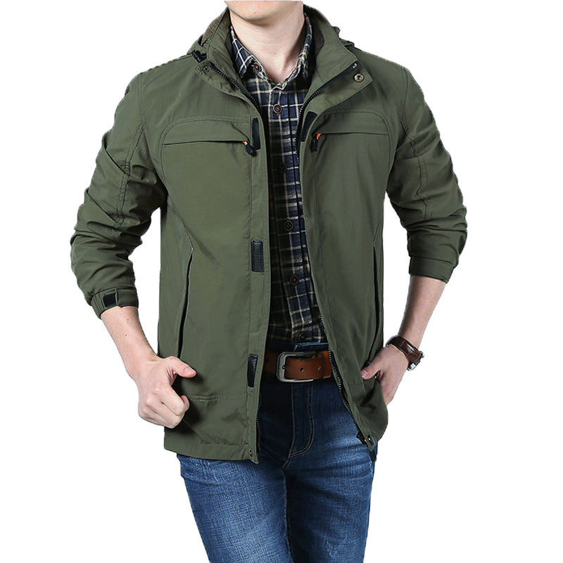 Men's Lightweight Utility Field Jacket with Hood, Zipper, and Multifunction Pockets Chichicherry