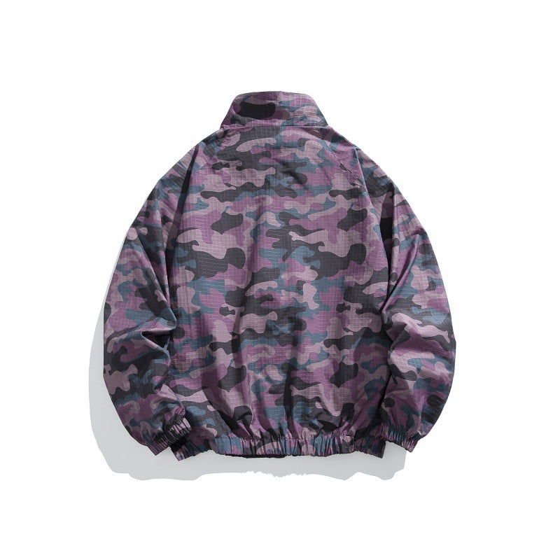 Unisex Lightweight Camo Windbreaker with High Stand Collar, Chest Zip and Elastic Hem Chichicherry