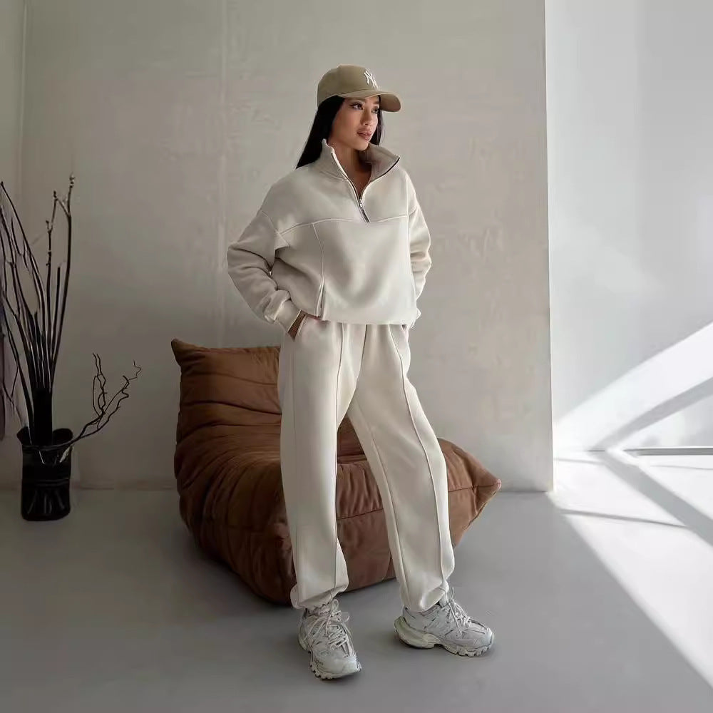 Damen Weiches Oversized Lounge-Set mit Troyer-Kragen, Eingrifftaschen und schmeichelhafter High-Waist Hose Chichicherry