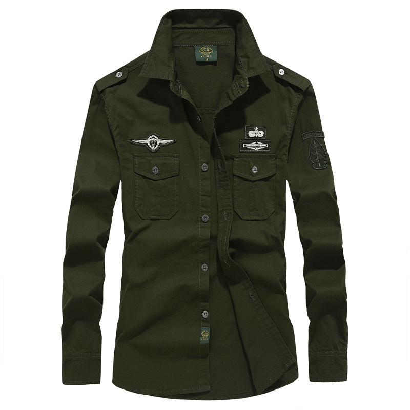 Men's utility shirt jacket with shoulder flaps, chest flap pockets, and badge applications Chichicherry
