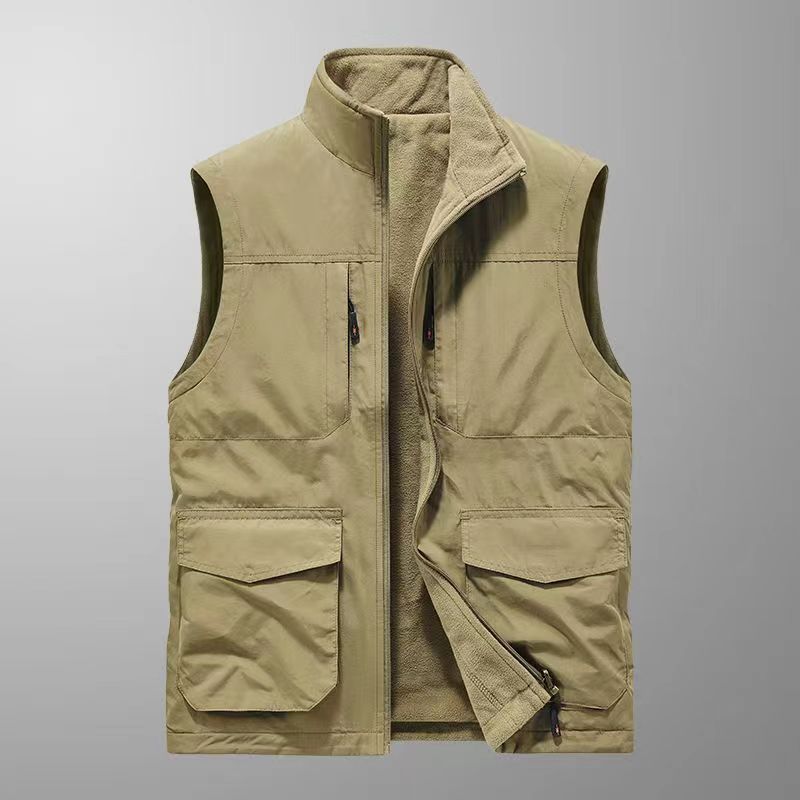 Men's robust canvas utility vest with multifunctional outer pockets and high stand-up collar Chichicherry