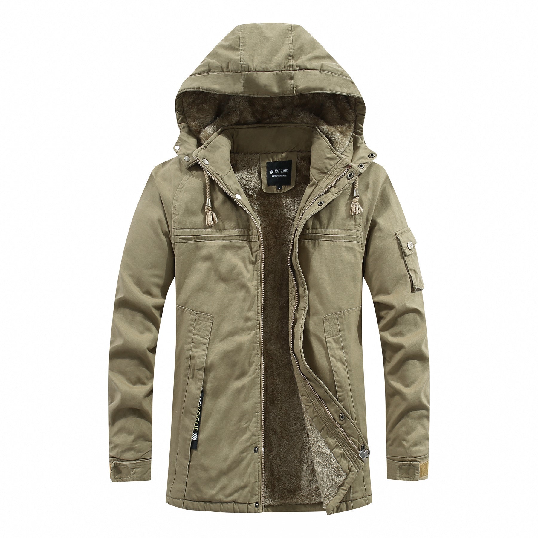 Men's longer parka with teddy lining, detachable hood, and utility details Chichicherry
