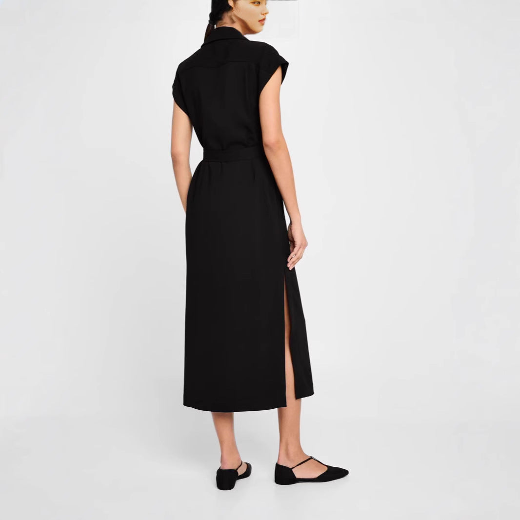 Women's Sleeveless Double-breasted Midi Dress with Trench Belt Chichicherry