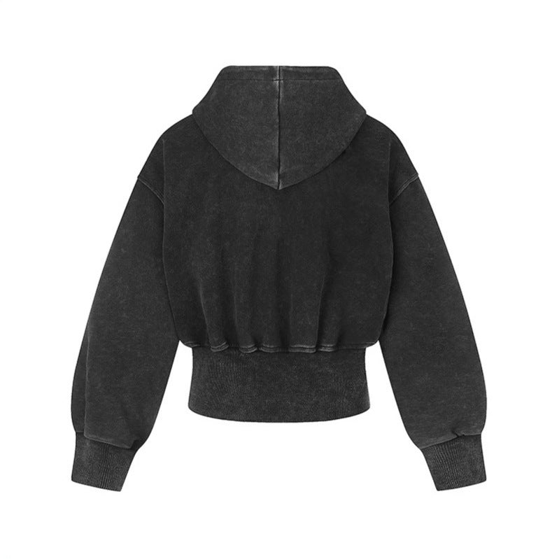Women's short-cut zip hoodie with metallic stud detailing and wide ribbed hem Chichicherry