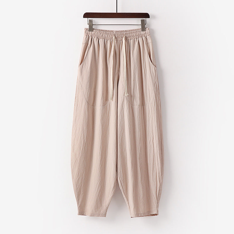 Women's Soft Linen Harem Pants with Elastic Waistband and Drawstring Chichicherry