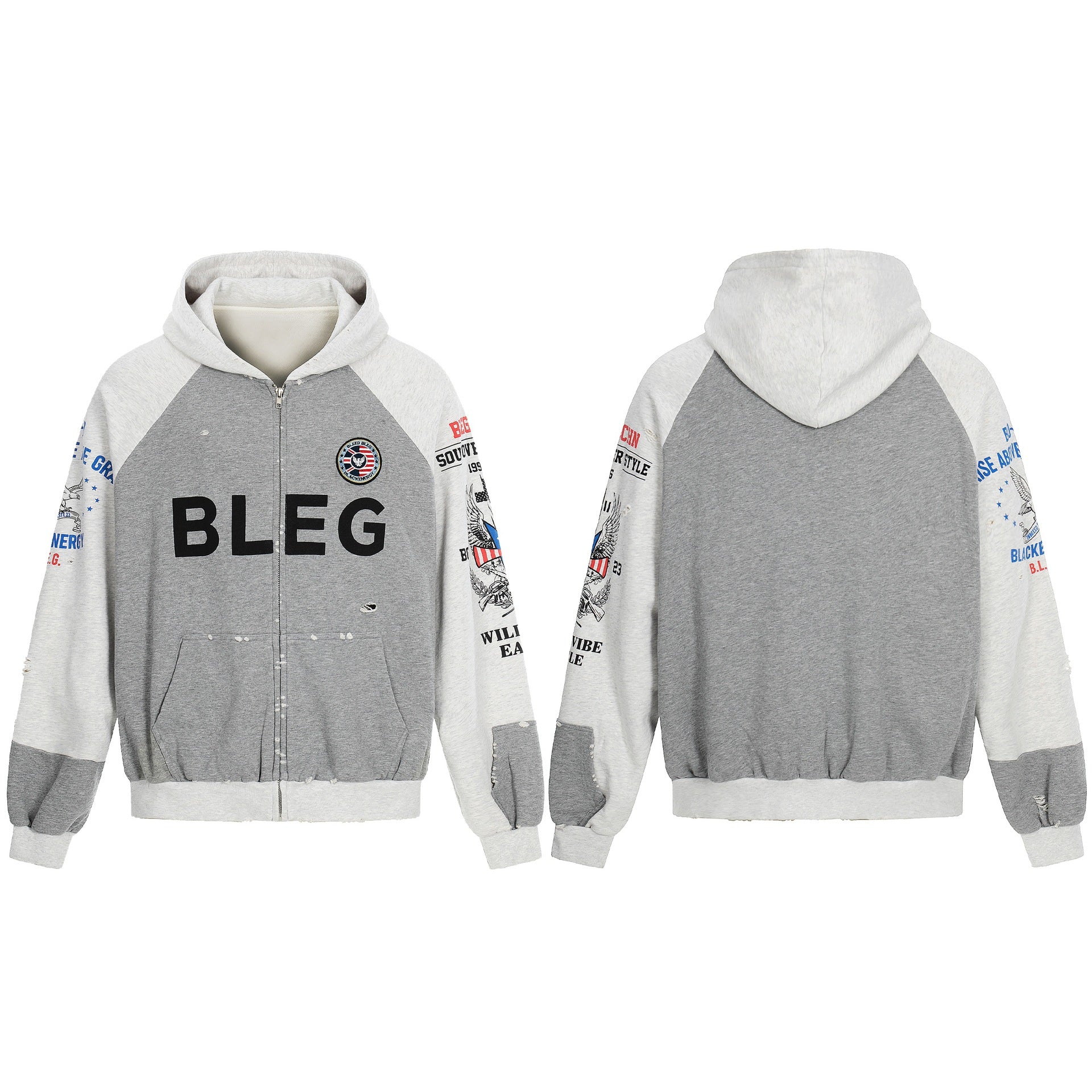 Men's Zip Hoodie in Vintage College Look with Raglan Sleeves and Distressed Details Chichicherry