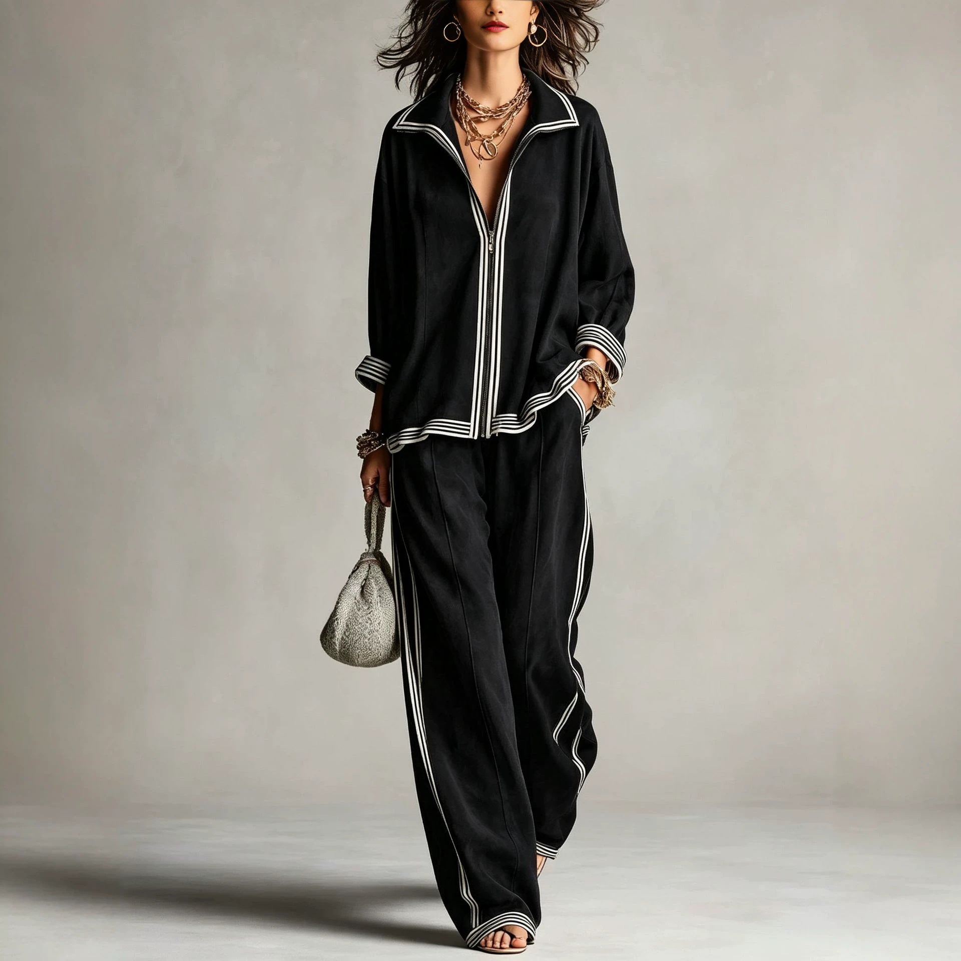 Women's Casual Velvet Tracksuit Set with Zip and Contrast Stripes Chichicherry