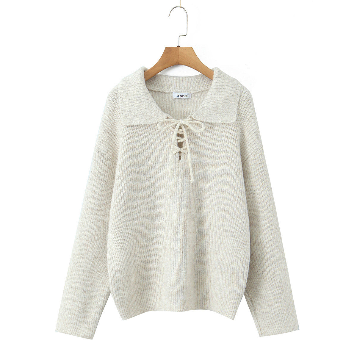 Women Cozy Knit Sweater with Wide Polo Collar and Drawstring Chichicherry