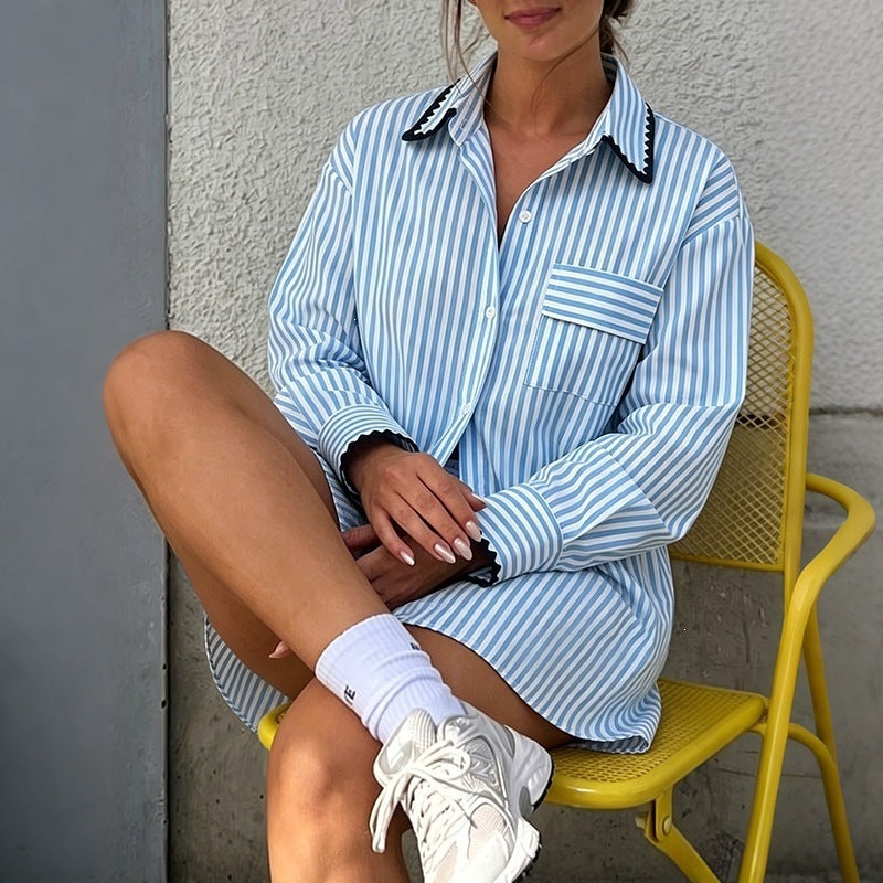 Women's oversized shirt blouse with fine stripes, breast pocket and decorative trim Chichicherry