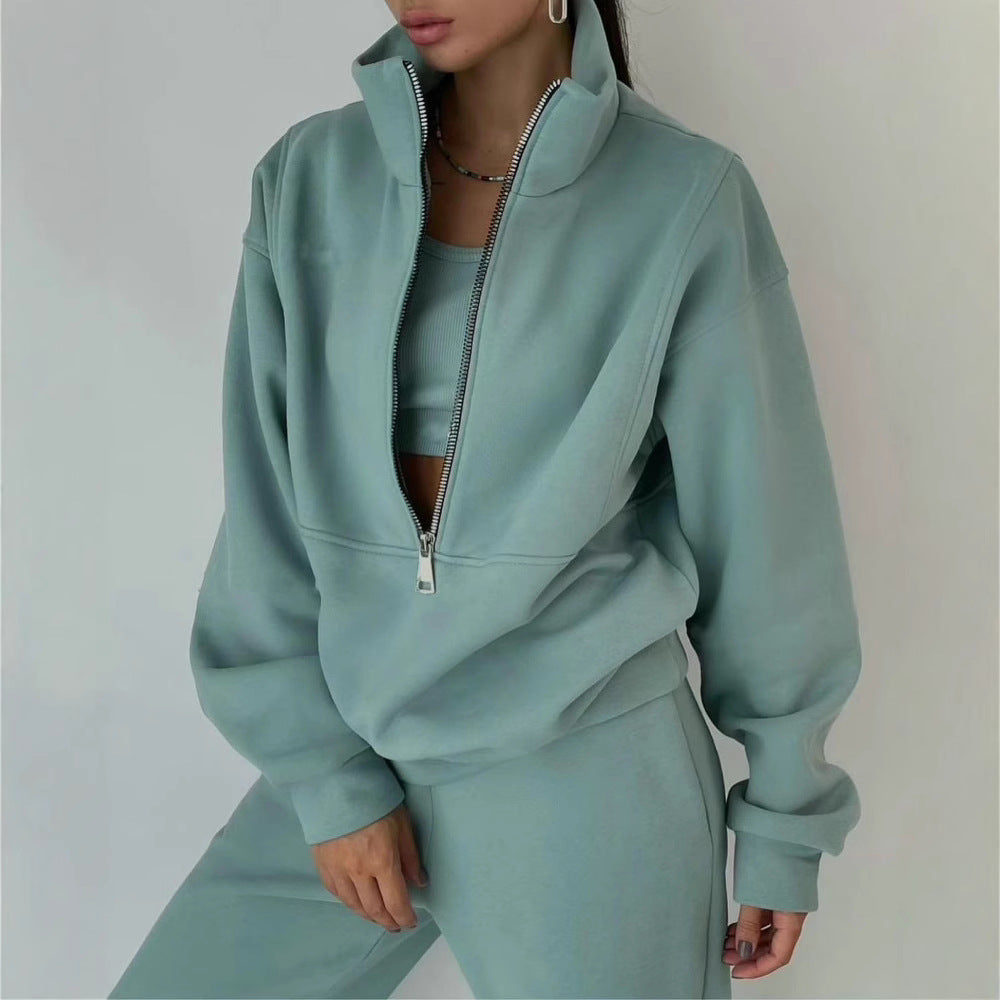 Damen Oversized Halbzip-Sweatshirt mit Stehkragen und passender High-Waist-Jogginghose Chichicherry