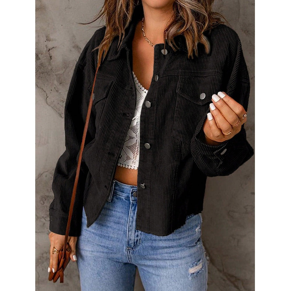 Women's short cord jacket with oversized fit, chest pockets and snap button placket Chichicherry