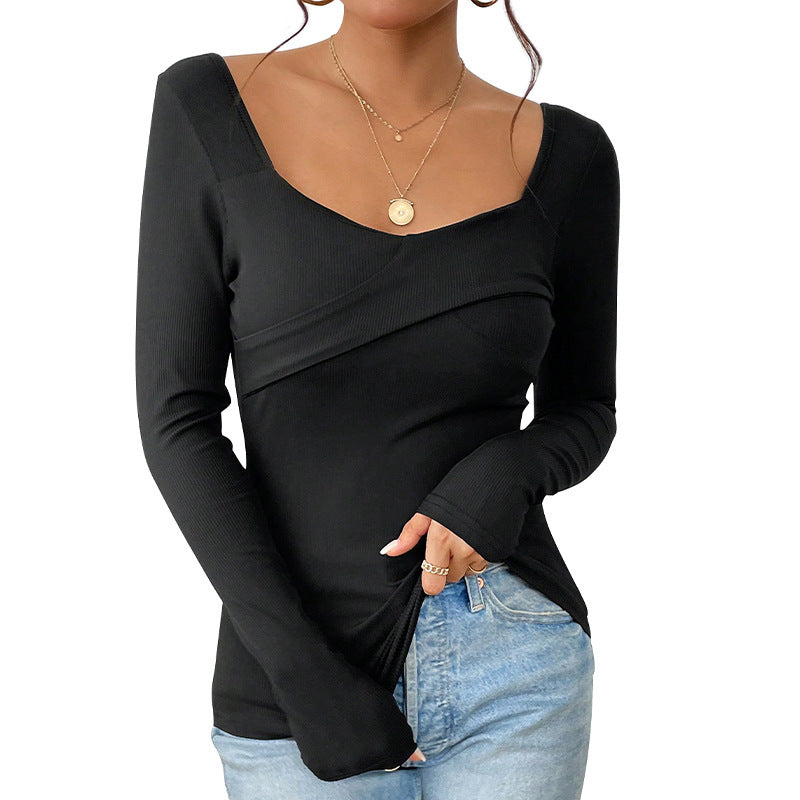 Women Fitted Rib Shirt with Square Neckline and Overlapping Detail Chichicherry