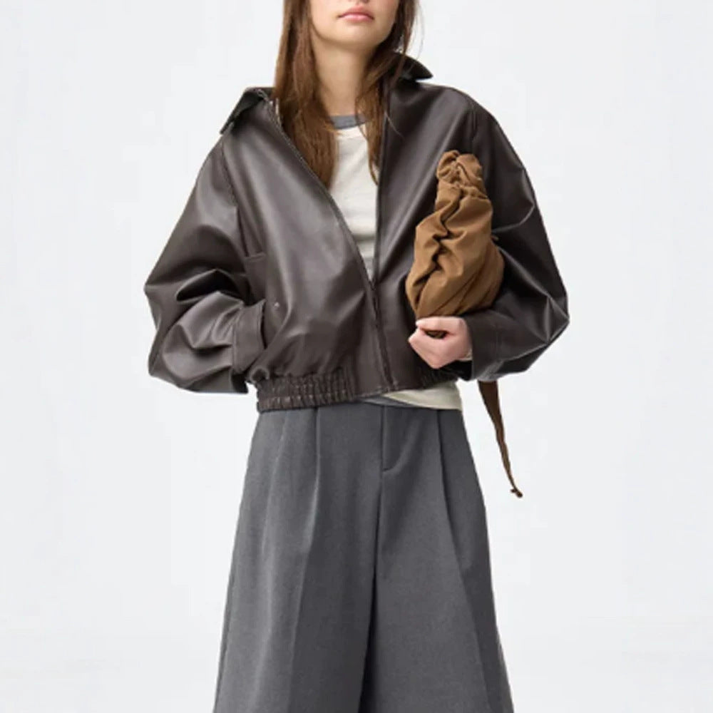 Women Boxy Cropped Faux Leather Jacket with Concealed Zipper and Elastic Hem Chichicherry