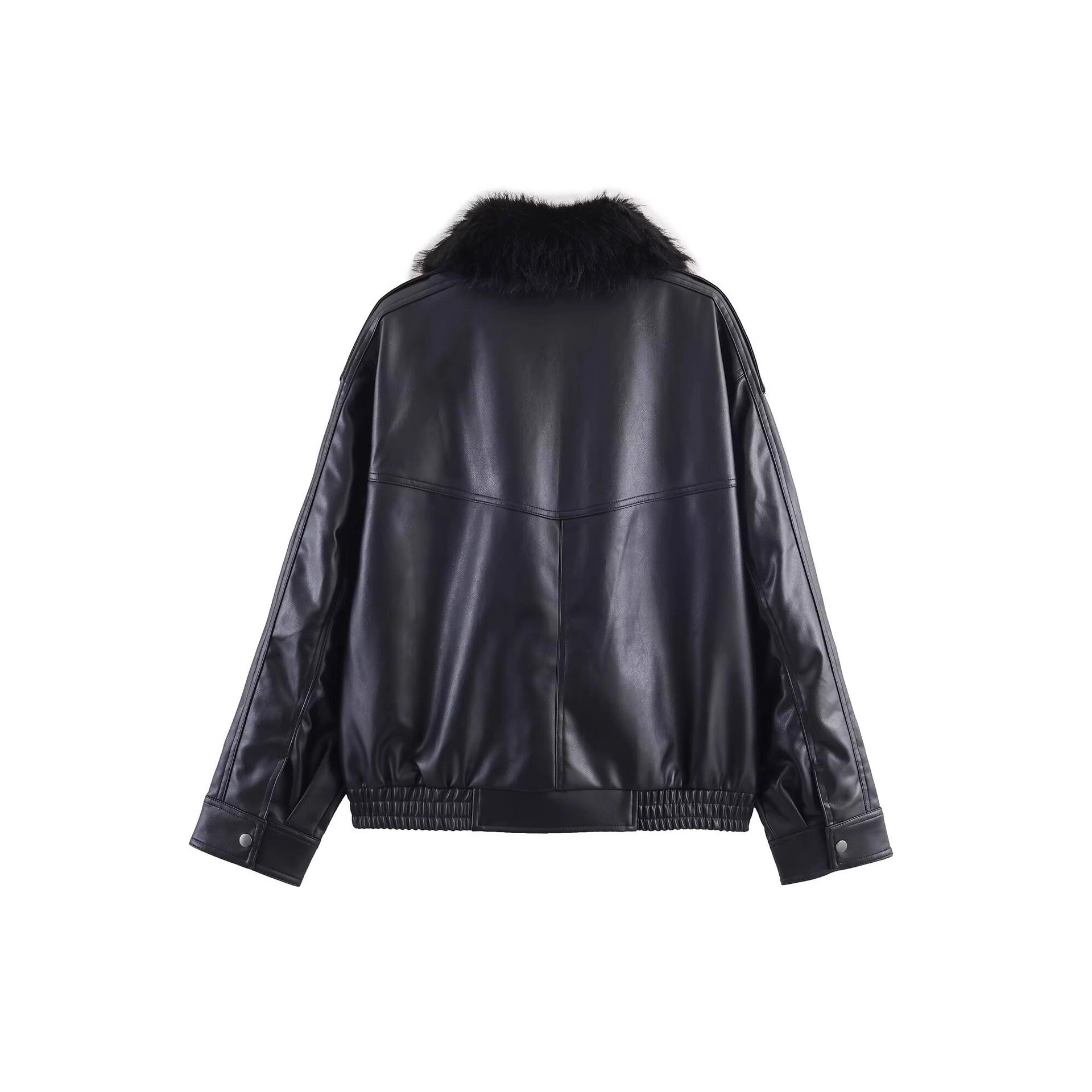 Women's Short Cut Faux Leather Bomber with Voluminous Faux Fur Collar Chichicherry