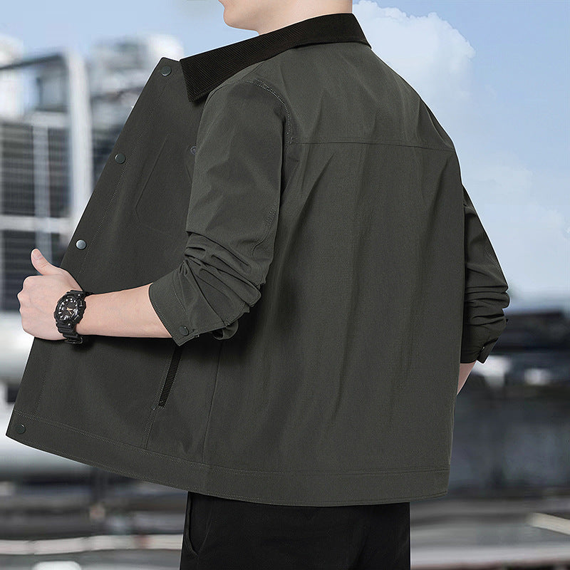 Men's Lightweight Casual Jacket with Cord Collar, Press Stud Placket and Concealed Zipper Pockets Chichicherry