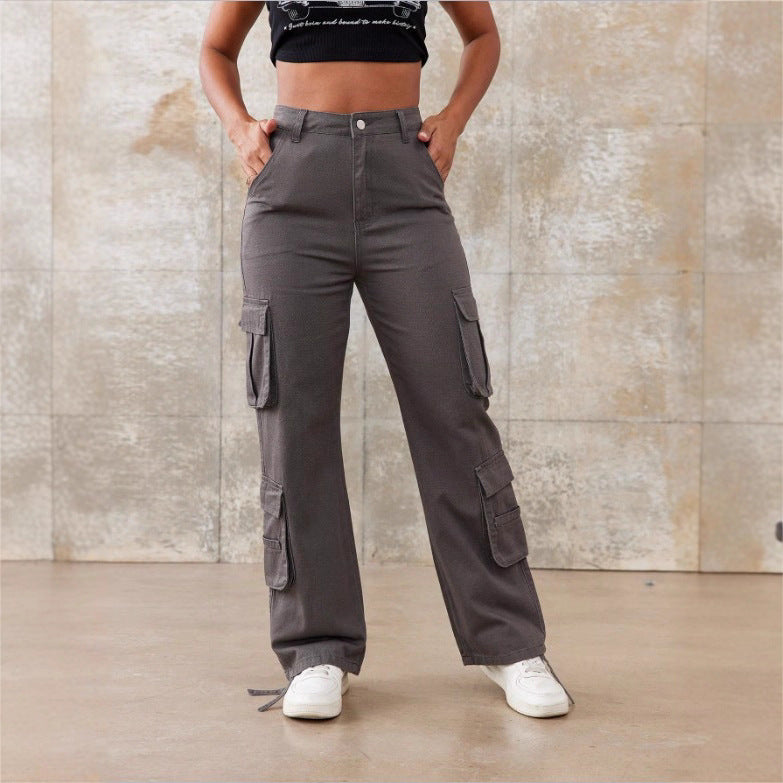 Women's Utility Cargo Pants with Wide Leg, Multiple Pockets and High Waist Fit Chichicherry
