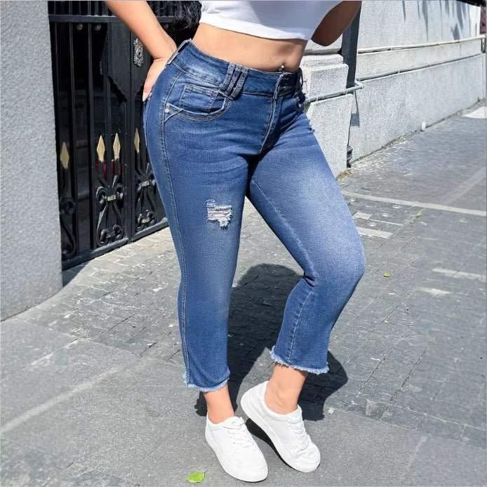 Women's High-Waisted Cropped Skinny Jeans made of Superstretch Denim with Double Button Placket and Raw Fringe Hem Chichicherry