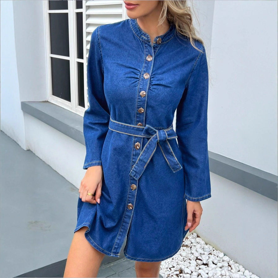 Women's Tailored Denim Dress with Button Placket and Tie Belt Chichicherry