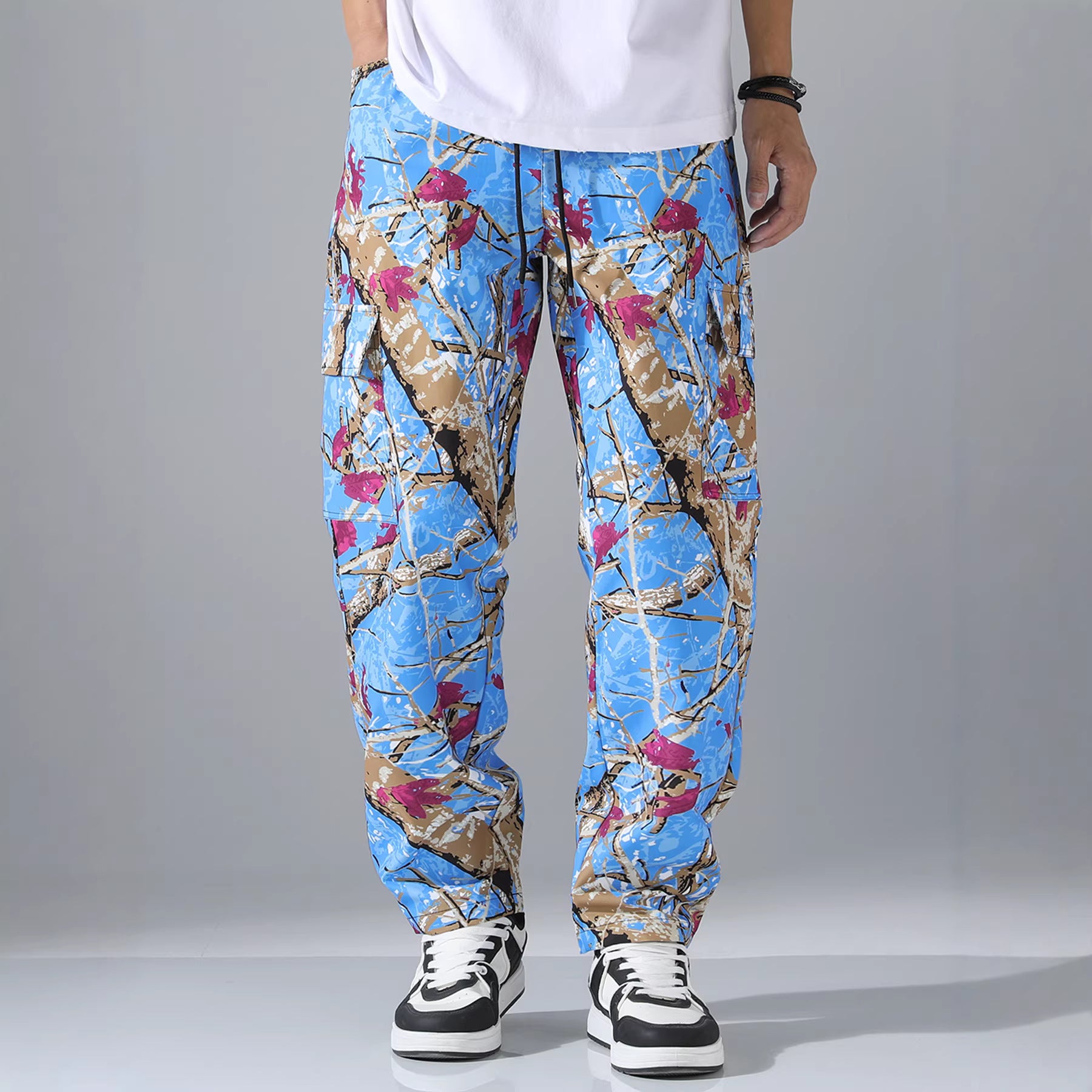 Men's Patterned Cargo Jogging Pants with Drawstring, Patch Pockets & Tapered Leg Chichicherry