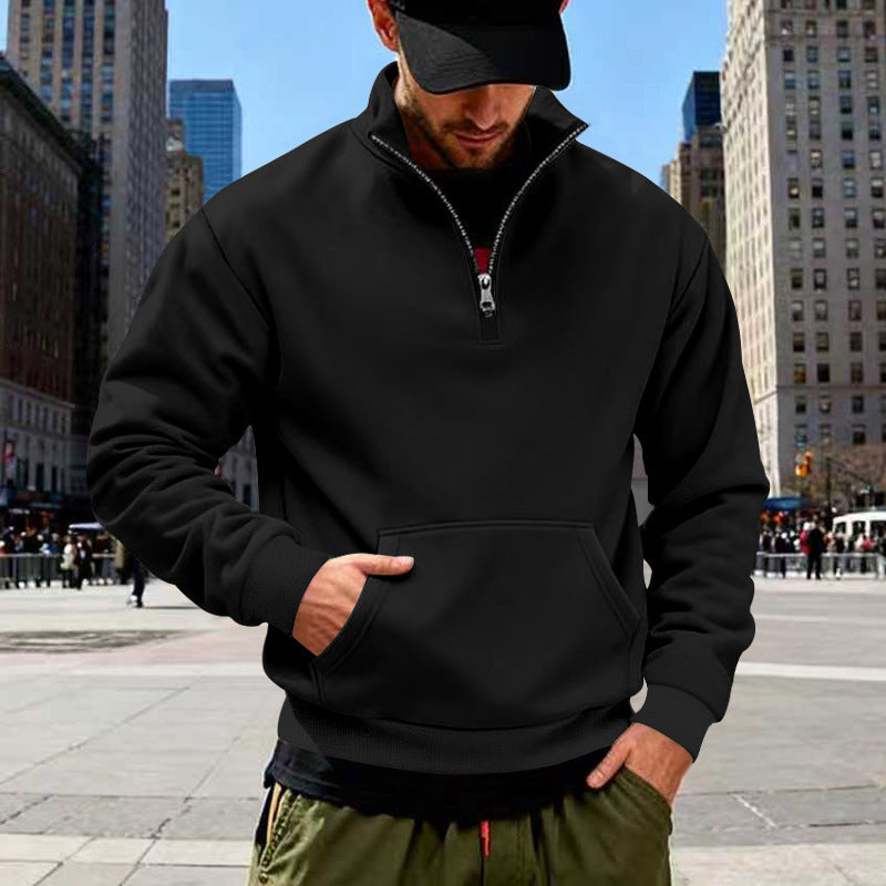 Men's Half-Zip Sweatshirt with Stand-Up Collar, Kangaroo Pocket and Ribbed Cuffs Chichicherry