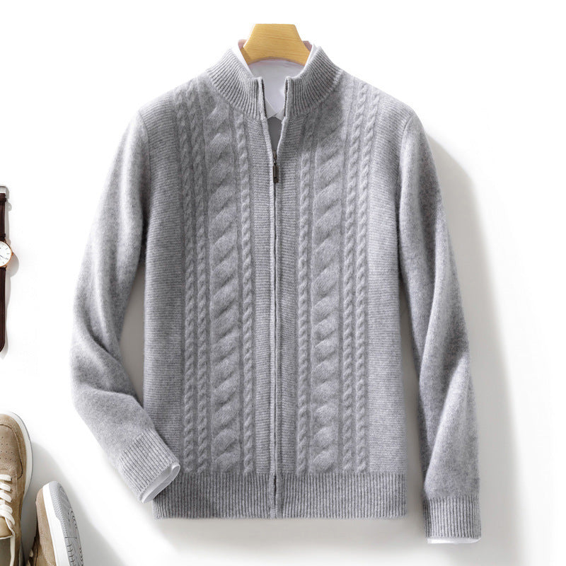 Men's zip-up knitted cardigan with cable pattern and stand-up collar Chichicherry