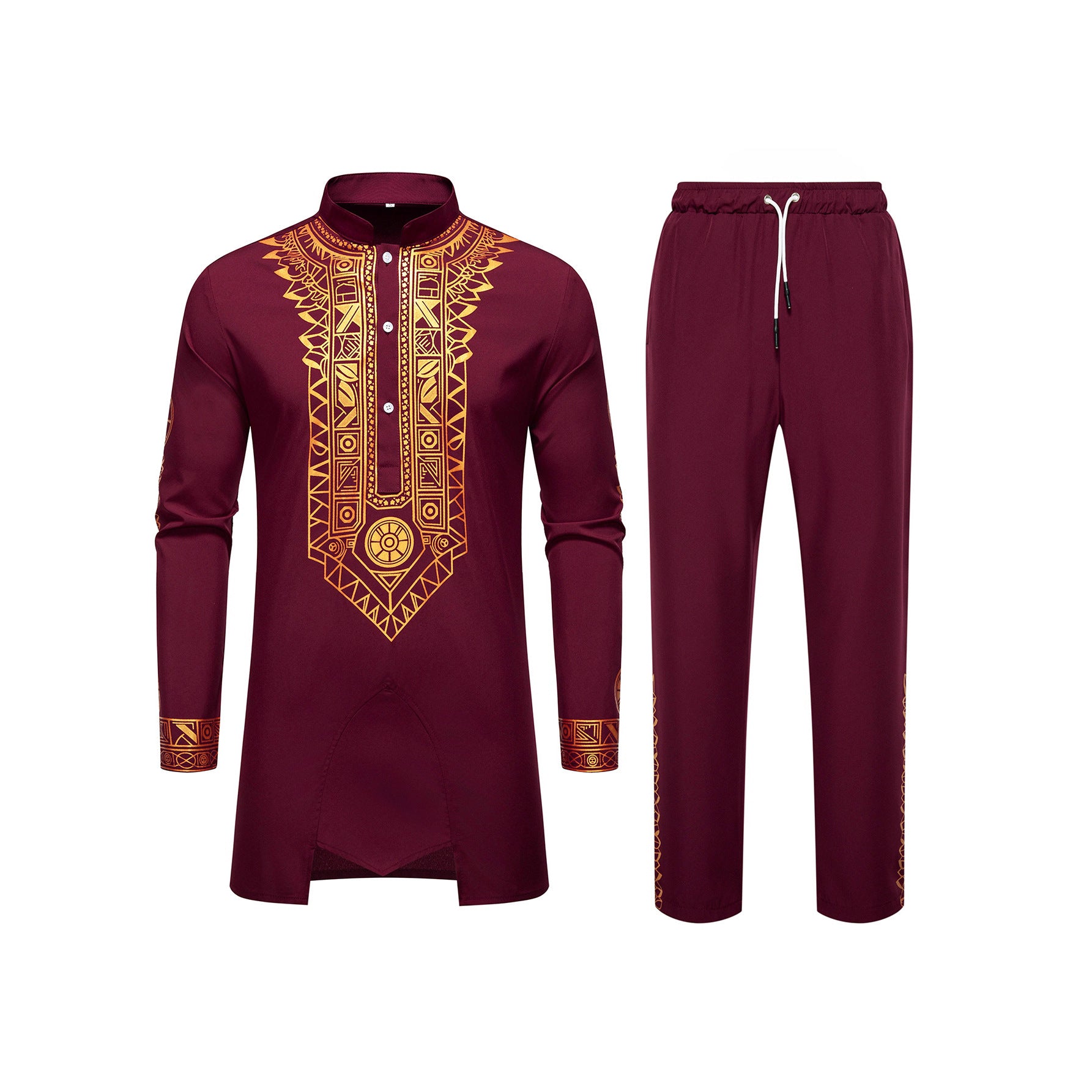 Men's Traditional Long Sleeve Kurta Set with Stand Collar, Gold Ornament Print and Drawstring Pants Chichicherry