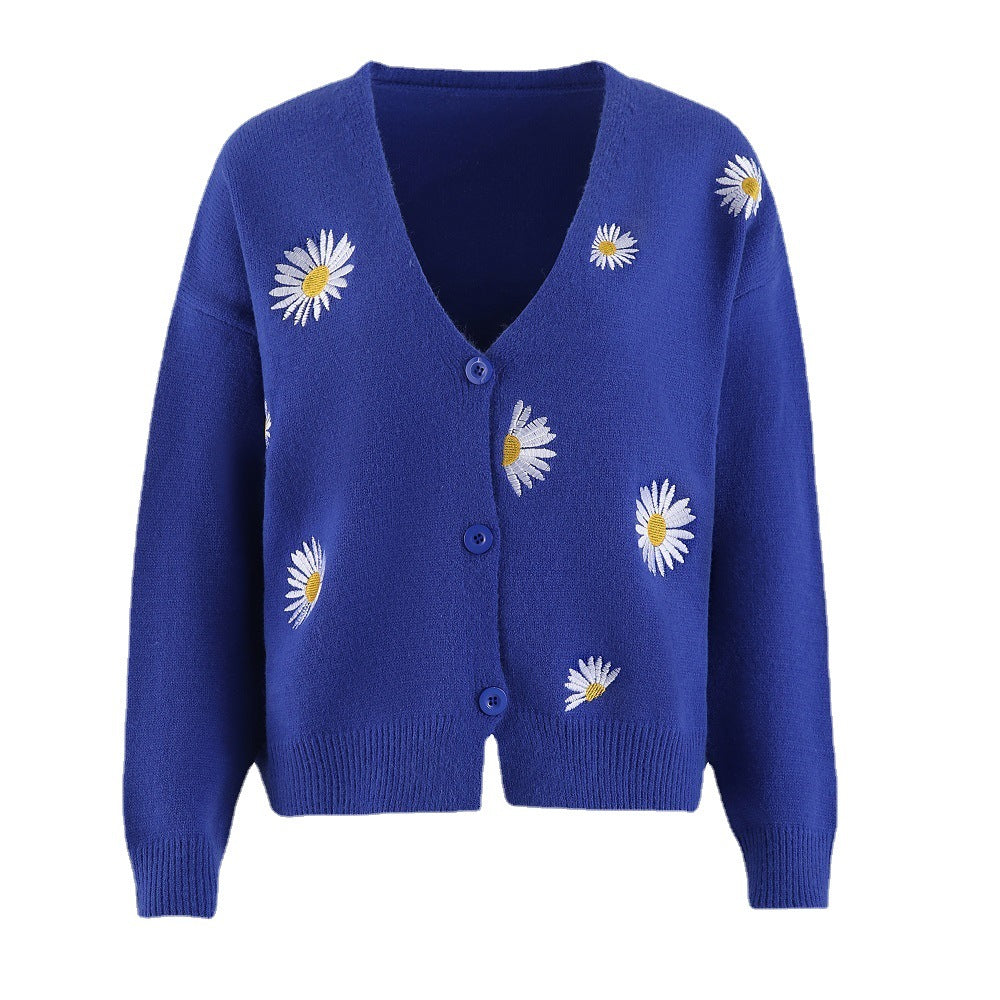 Women Short Cut V-Neck Knit Cardigan with Embroidered Daisies and Ribbed Cuffs Chichicherry