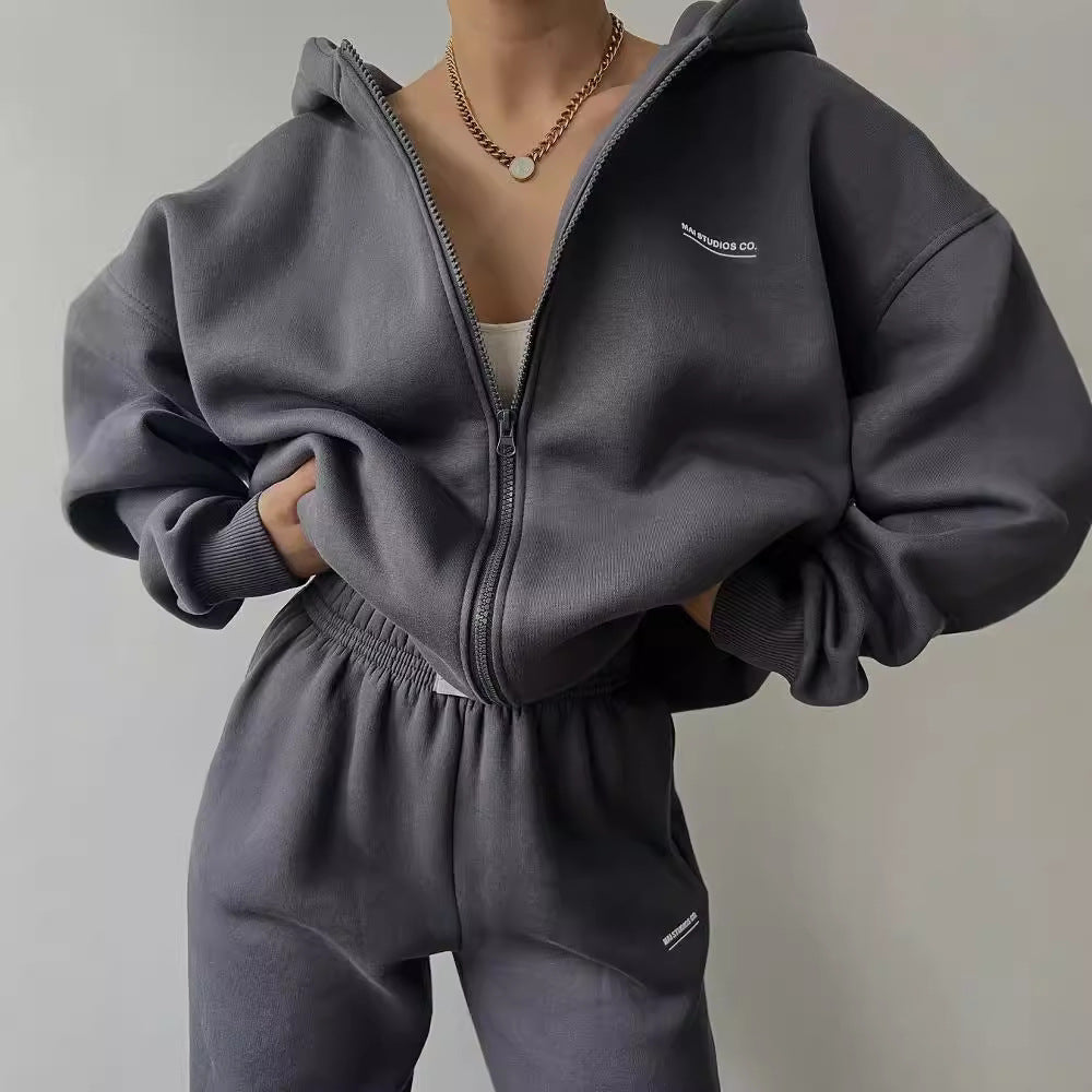 Damen Oversize Kapuzen-Sweatjacke mit Reißverschluss und High-Waist Jogginghose Set Chichicherry