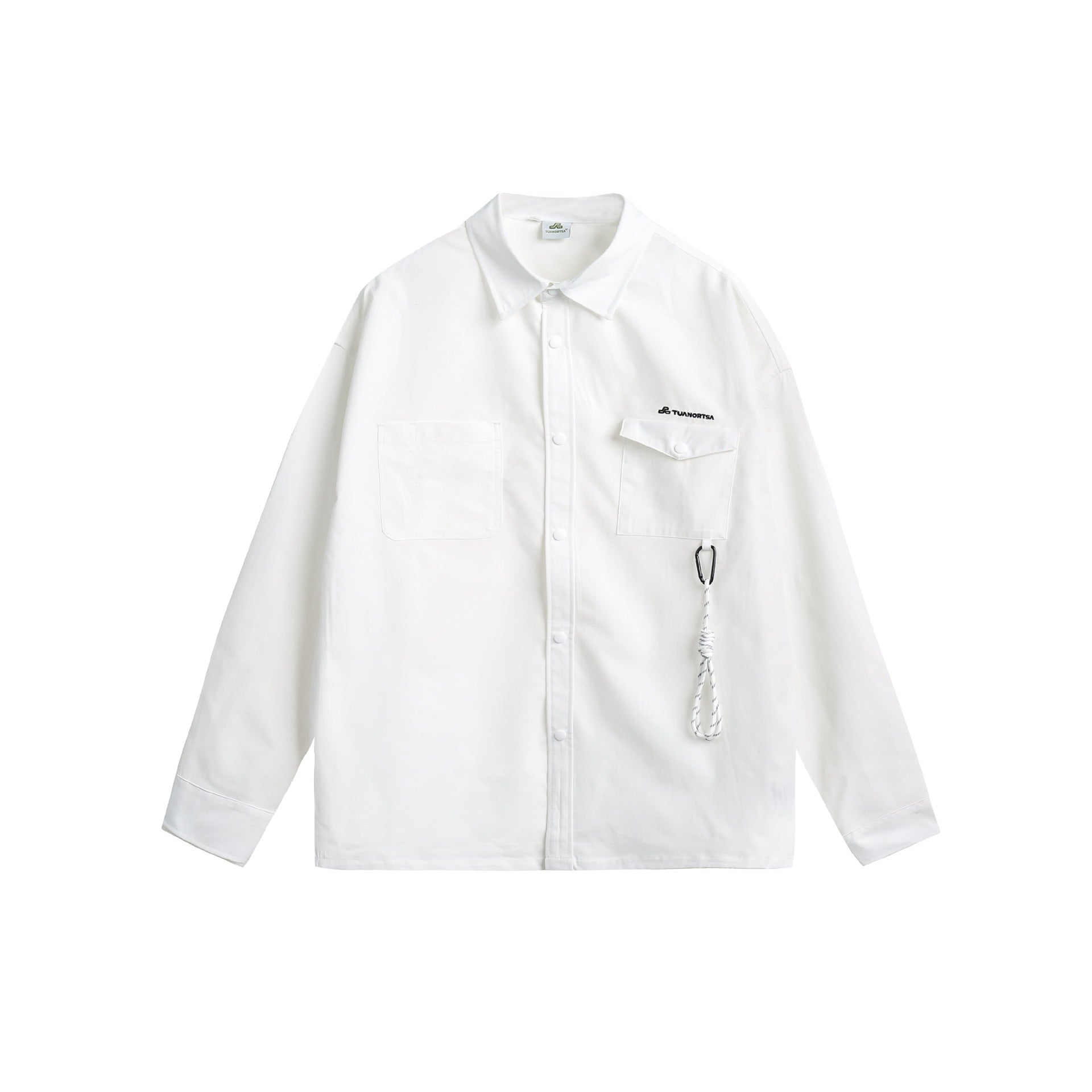 Unisex overshirt jacket in utility style with snap button placket and carabiner detail Chichicherry