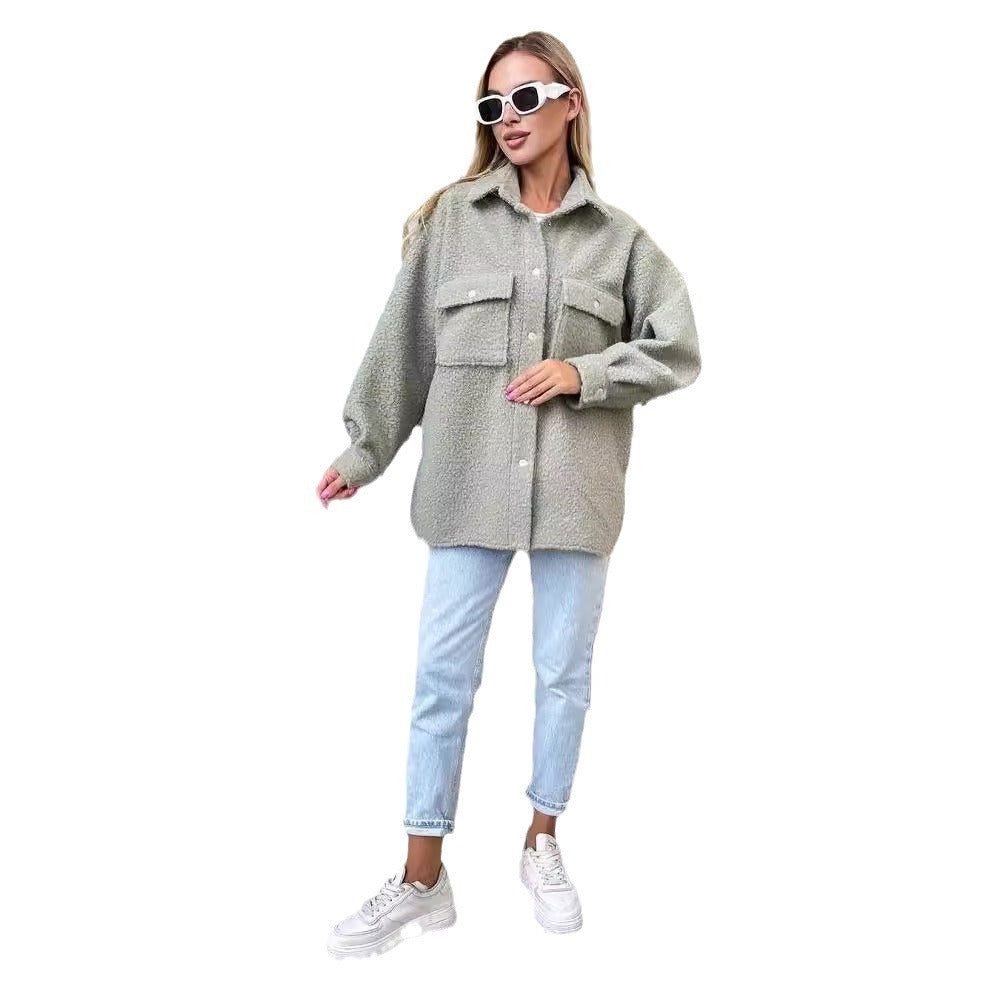 Damen Oversized Teddy-Übergangsjacke mit Brusttaschen und Druckknöpfen Chichicherry
