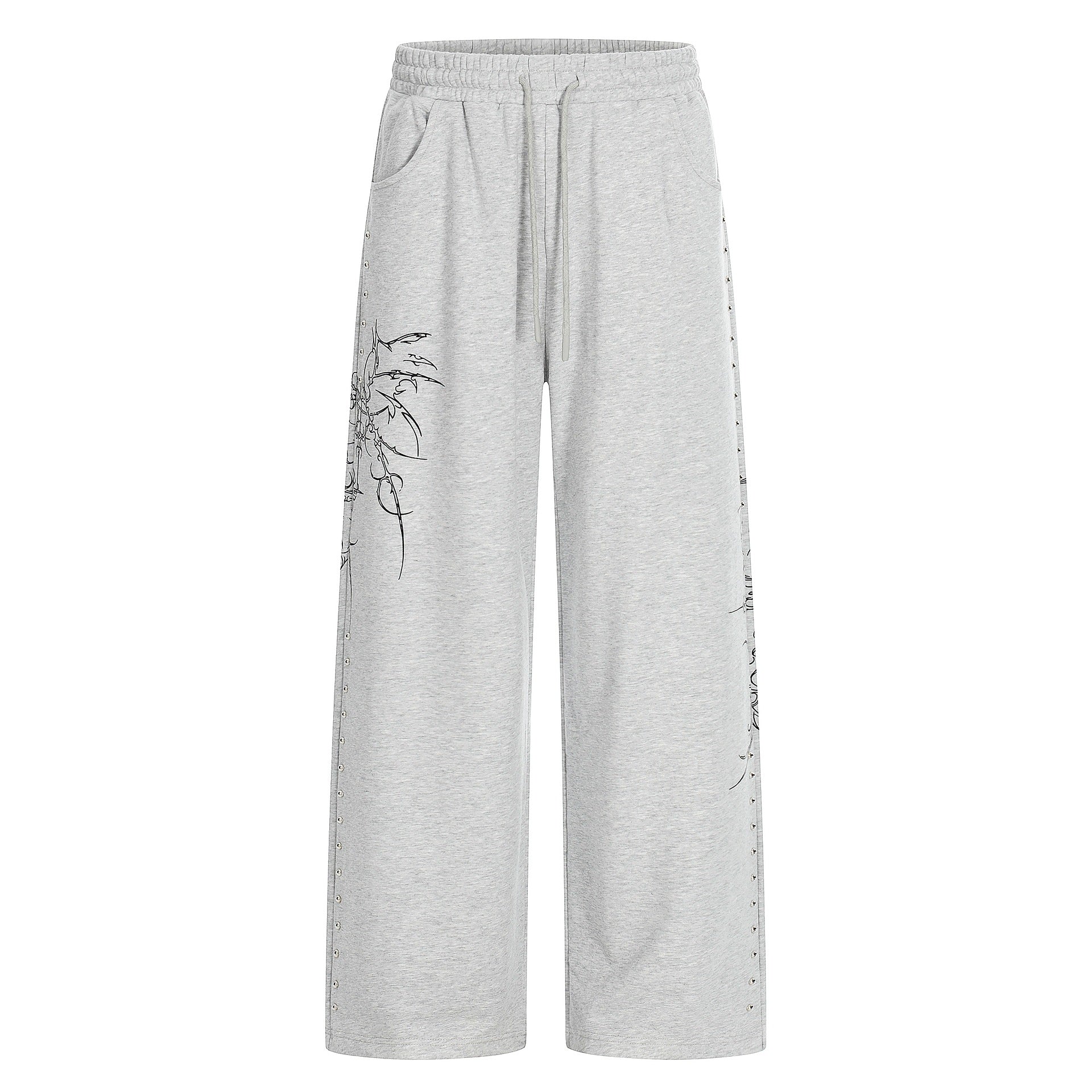 Women's Loose Sweatpants with Drawstring, Decorative Studs and Graphic Print Chichicherry