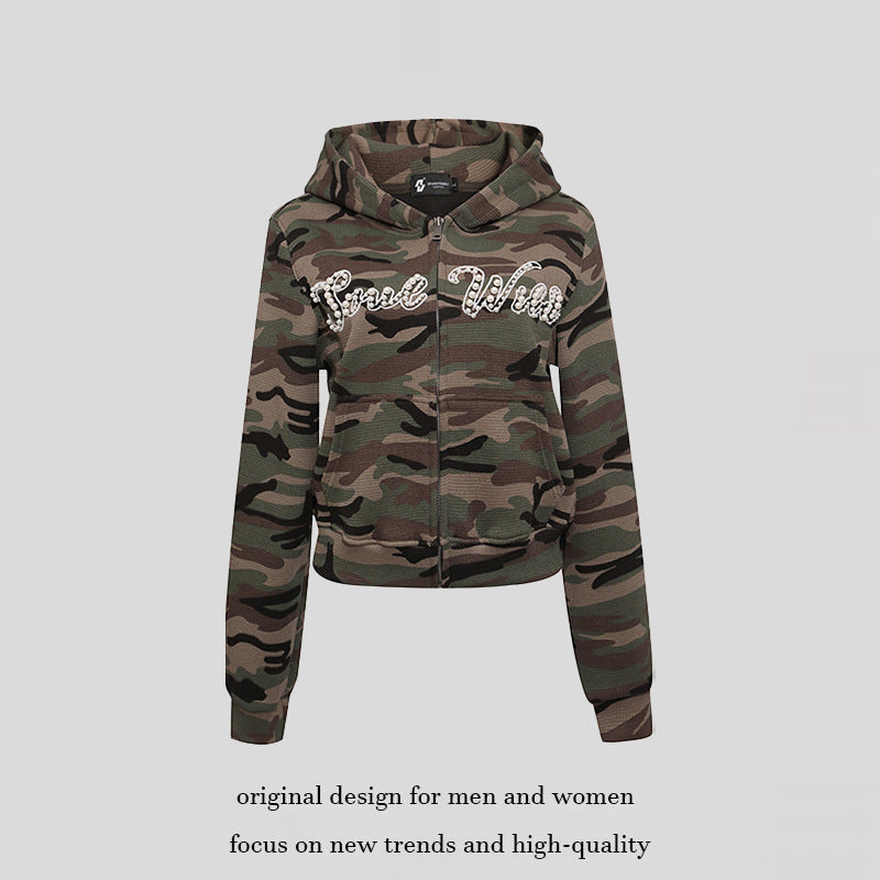 Women's Cropped Hoodie in Camouflage Structure Knit with Beaded Writing Chichicherry