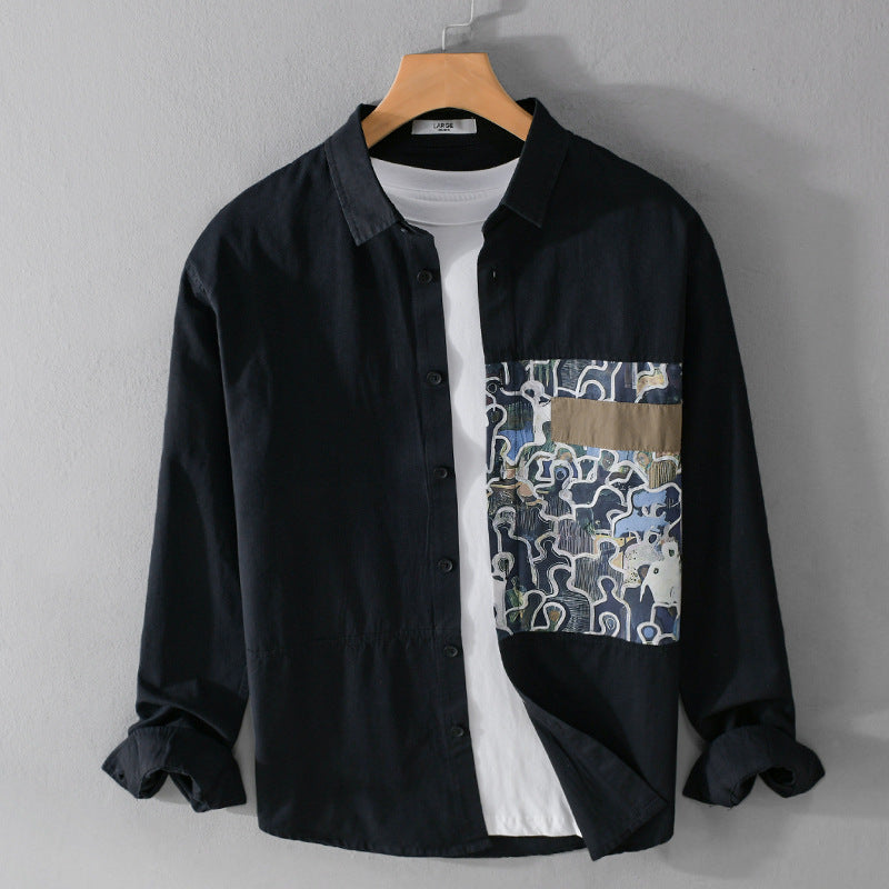 Men's cotton shirt with large art print chest patch and Kent collar Chichicherry