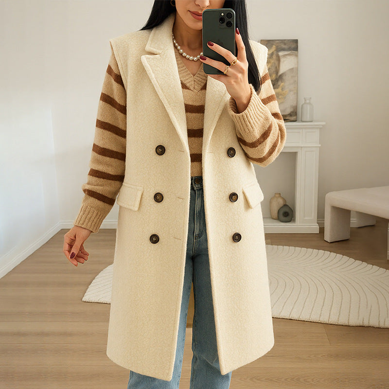Women Long Sleeveless Boucle Vest with Double-Breasted Button Placket and Revere Collar Chichicherry