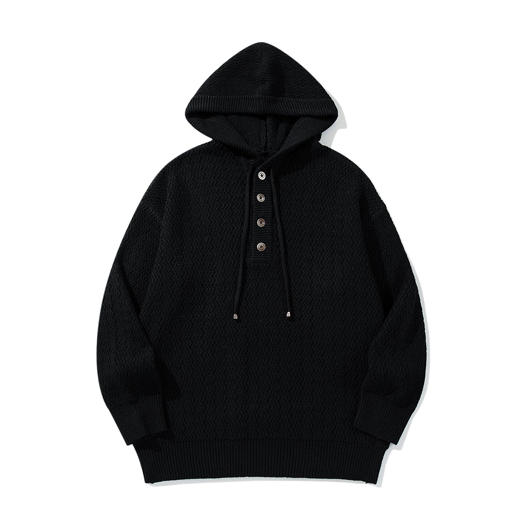 Unisex Structured Hooded Knit Sweater with Henley Button Placket Chichicherry
