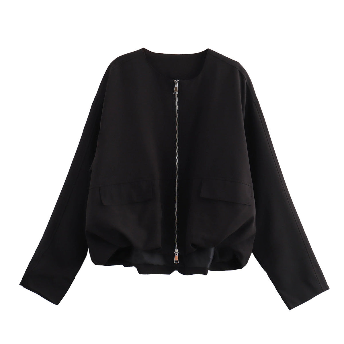 Women Lightweight Cropped Bomber Jacket with Round Neck, Two-Way Zipper and Flap Pockets Chichicherry