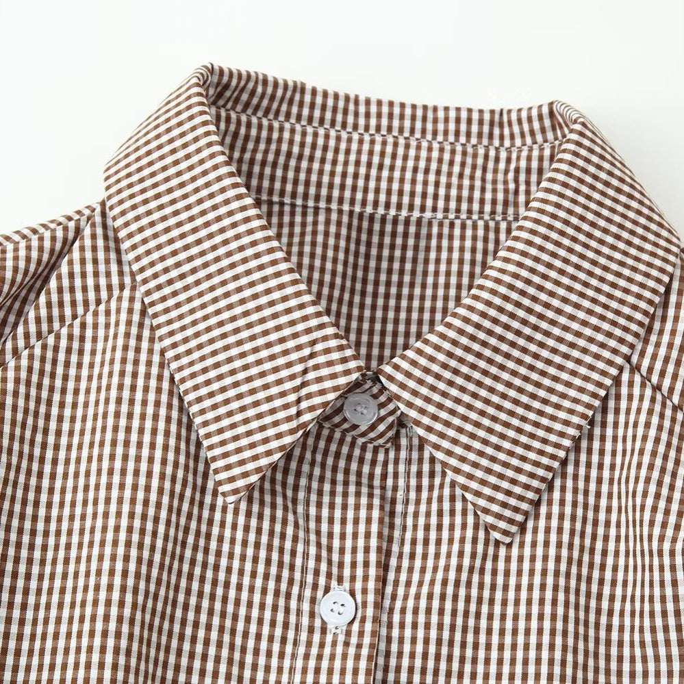 Women Tailored Shirt Dress with Check Pattern and Tied Belt Chichicherry
