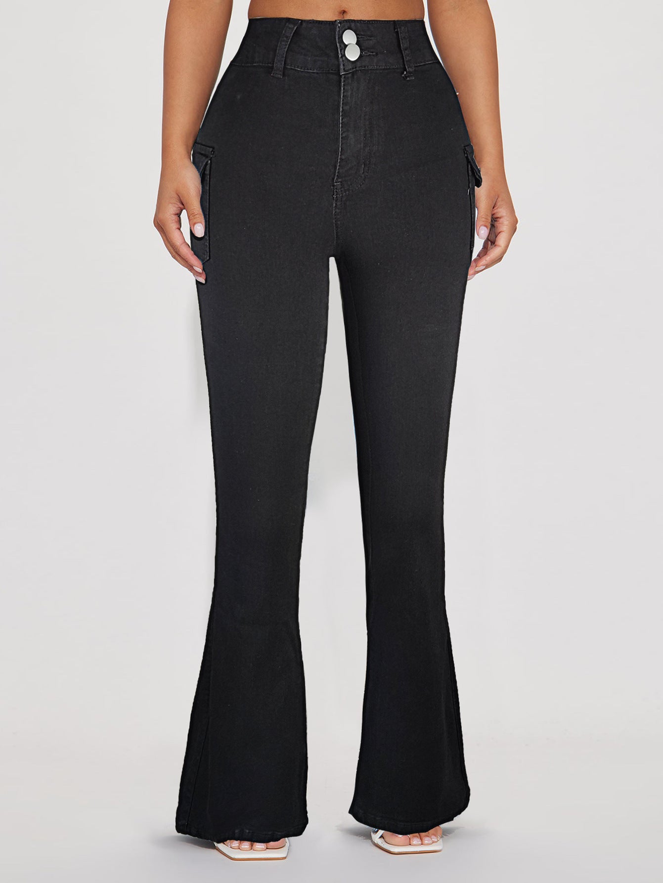 Women's High-Waisted Flared Denim Pants with Side Cargo Flap Pockets & Double Button Chichicherry