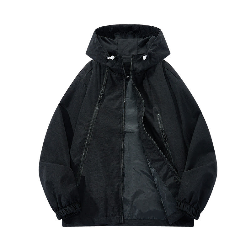 Men's Light Hooded Windbreaker with Asymmetrical Zipper Pockets and Adjustable Hem Chichicherry