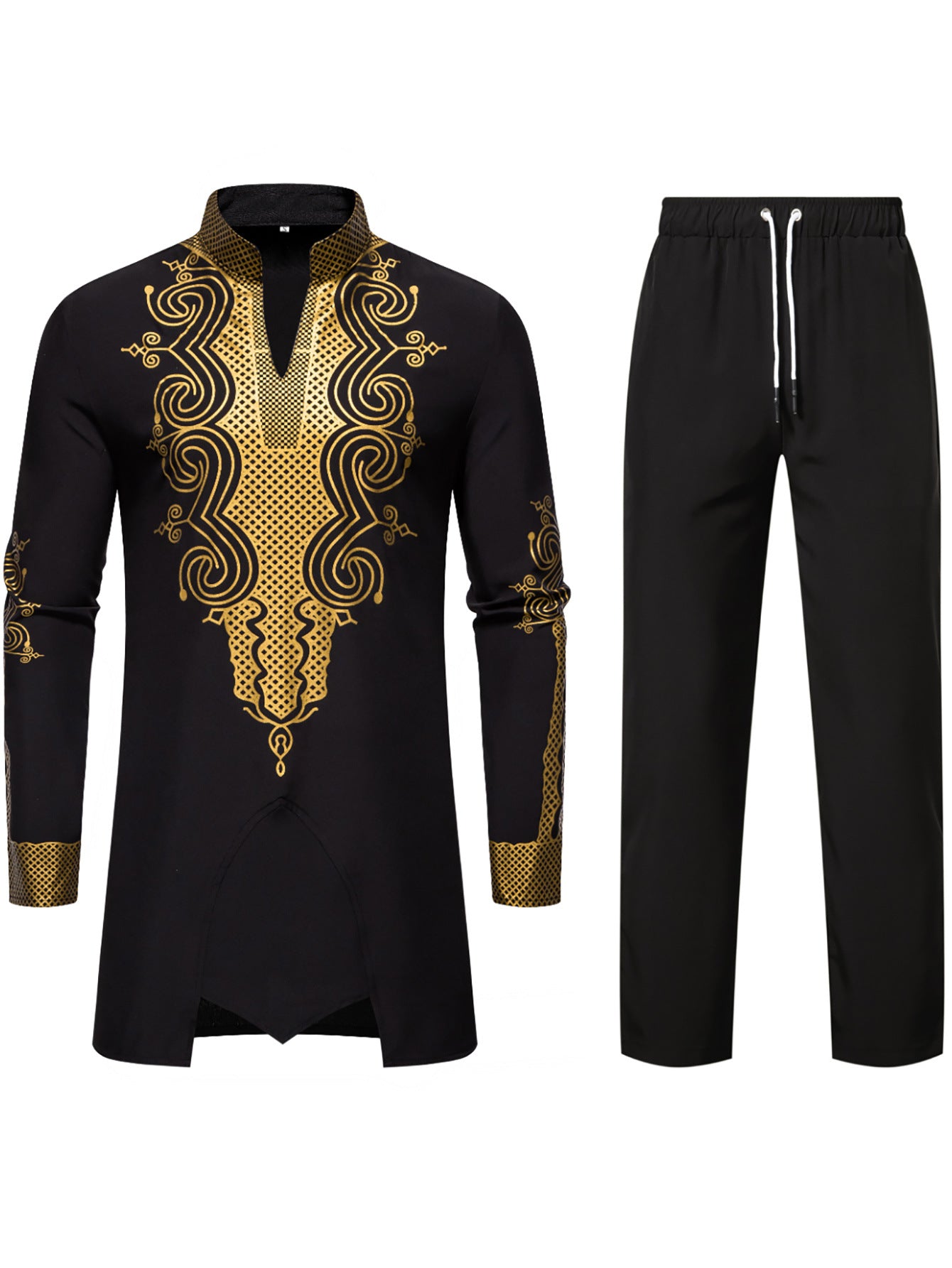 Men's Traditional Embroidered Tunic Set with Mandarin Collar and Elastic Pants Chichicherry