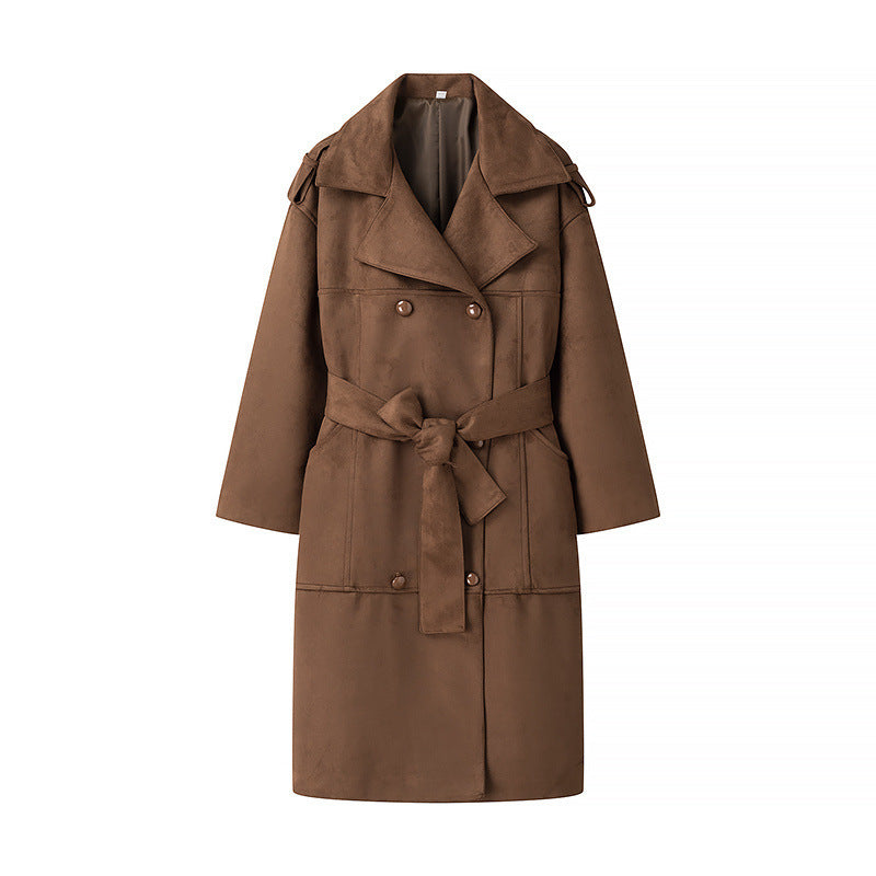 Women's Long Oversized Velour Leather Trench Coat with Tie Belt and Shoulder Straps Chichicherry